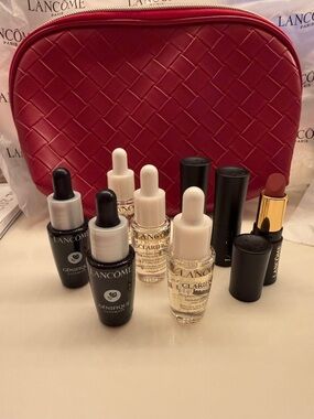 Lancôme Travel Size Skincare Set w/3 Lipsticks and Red Cosmetic Pouch